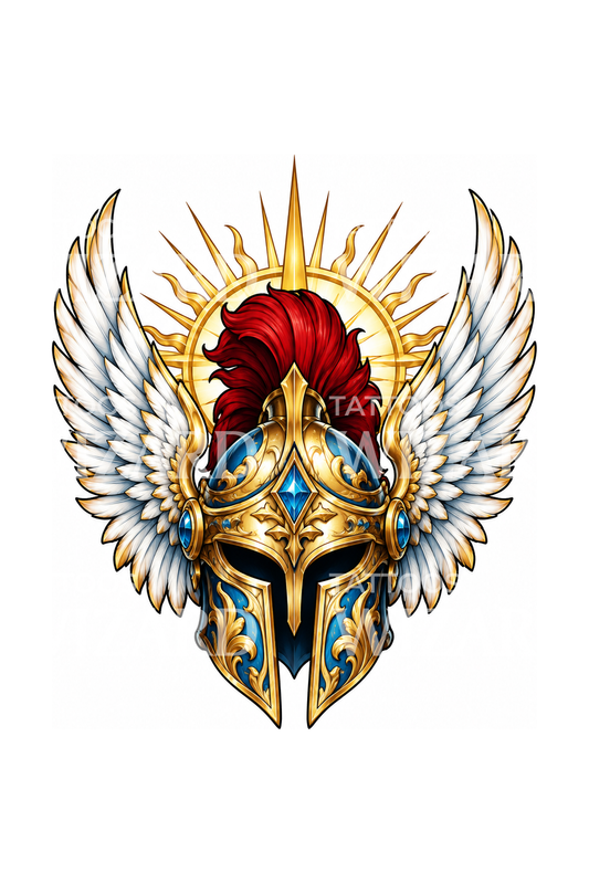 Archangel Michael Winged Helmet with Sunburst Tattoo
