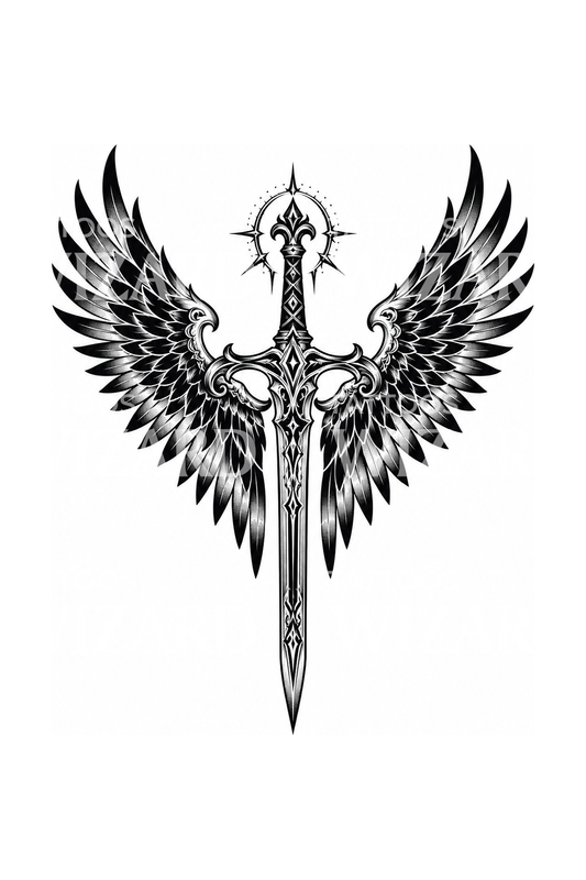 Archangel Michael Winged Sword Blackwork Tattoo Design