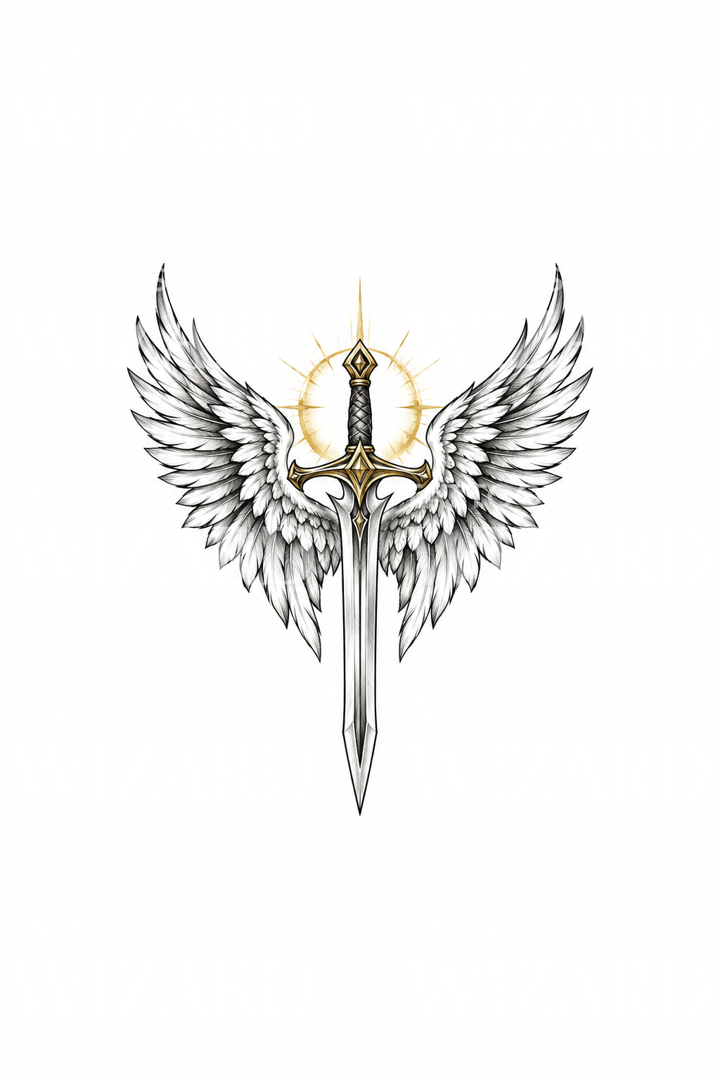Tatuagem em esboço das asas e espada do Arcanjo Miguel