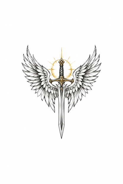 Tatuagem em esboço das asas e espada do Arcanjo Miguel