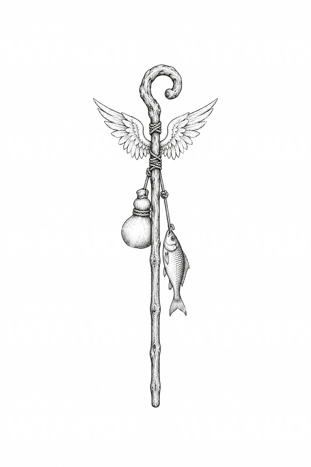 Tattoo-idee van aartsengel Rafaël met staf en vis