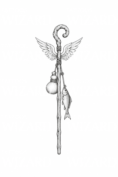 Tattoo-idee van aartsengel Rafaël met staf en vis