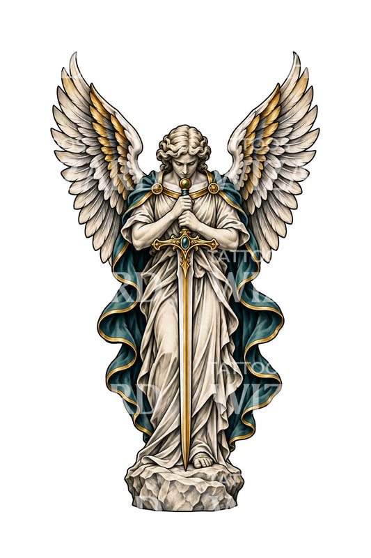 Ilustración de tatuaje de arcángel con espada