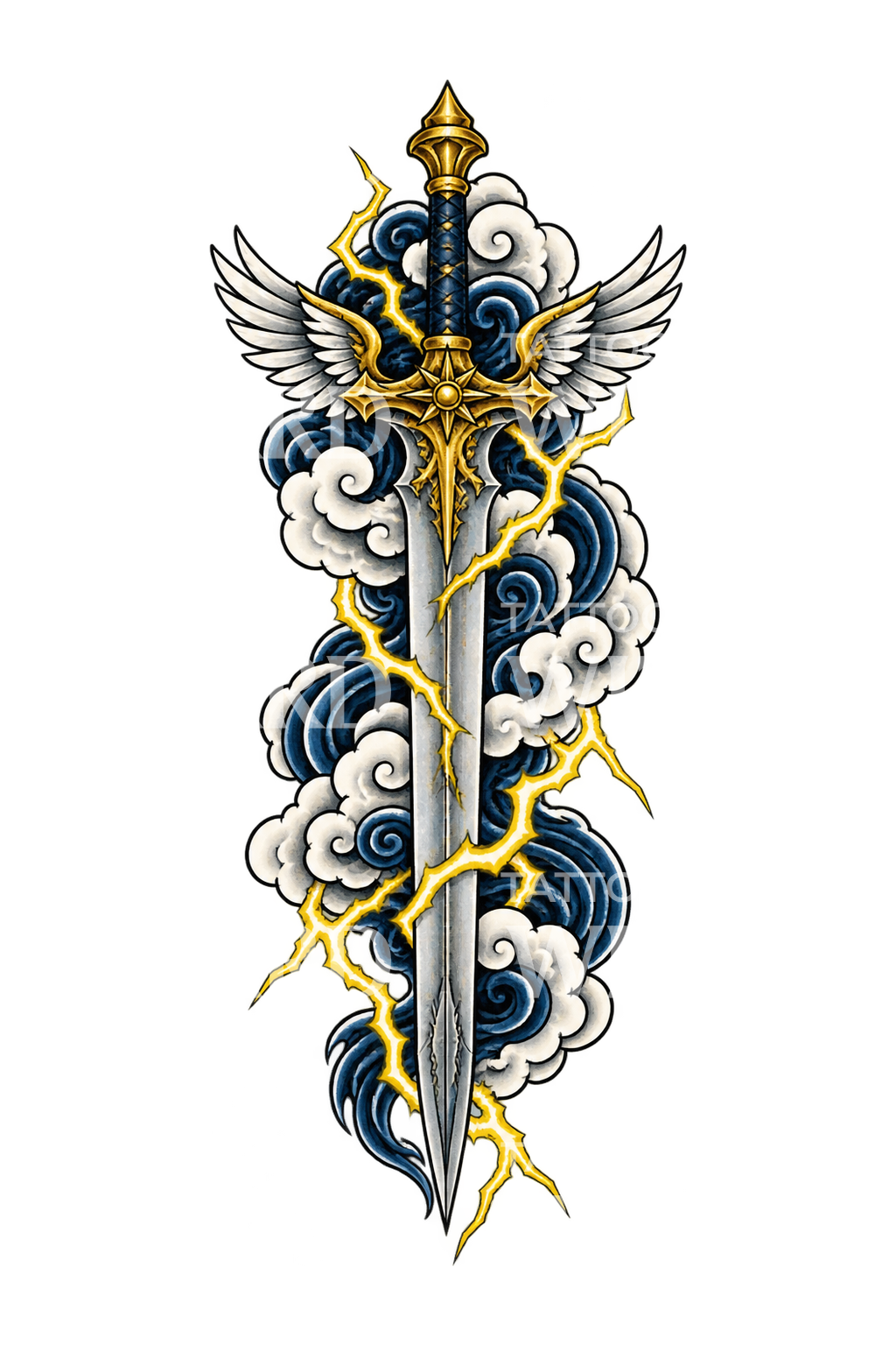 Japanisches Tattoo mit dem Schwert des Erzengels, Sturmwolken und Blitzen