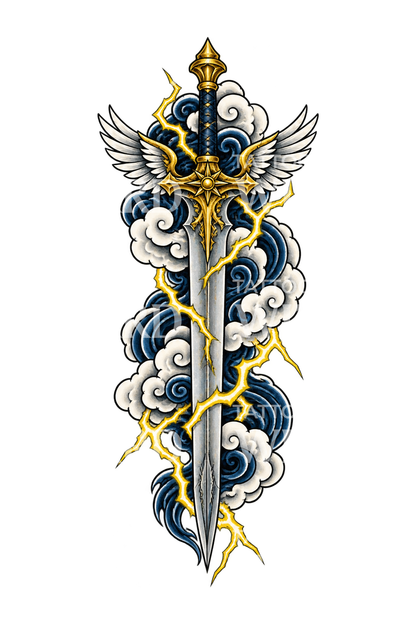Japanisches Tattoo mit dem Schwert des Erzengels, Sturmwolken und Blitzen