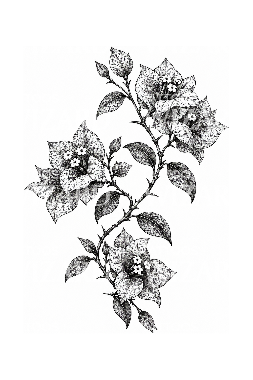 Arching Bougainvillea Branch Dotwork Tattoo