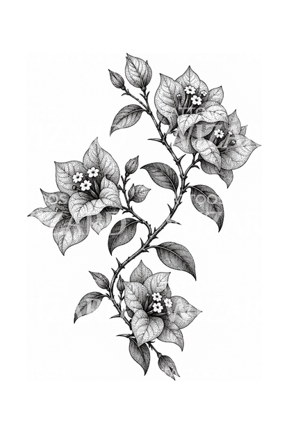 Arching Bougainvillea Branch Dotwork Tattoo