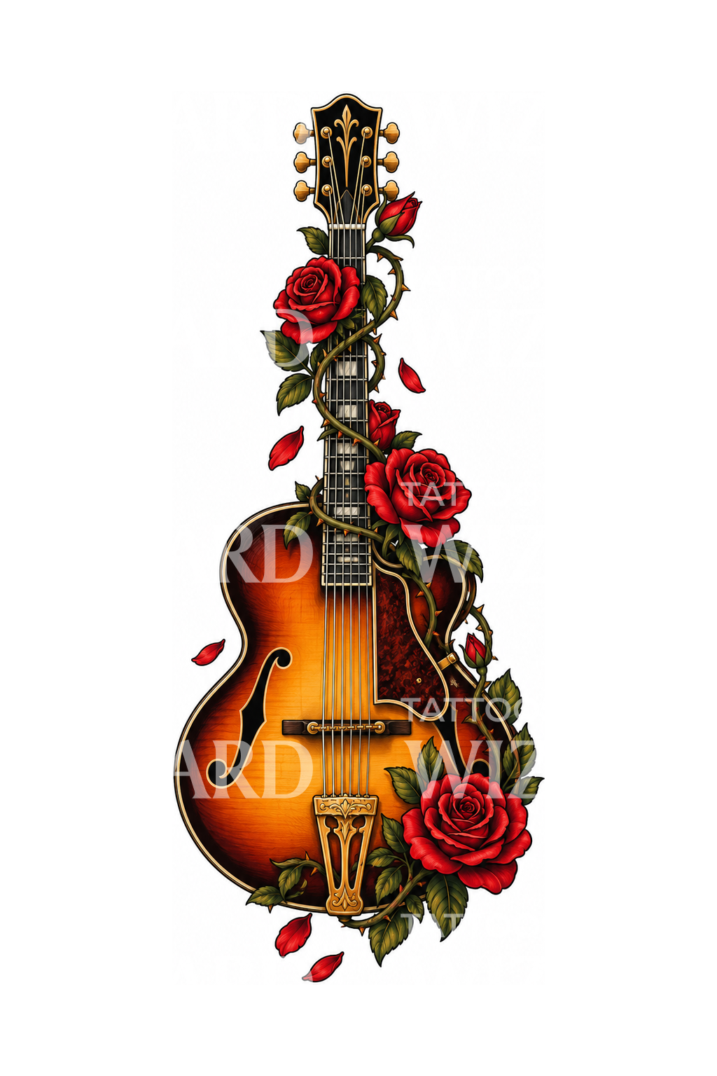 Archtop Guitar Wrapped in Roses Tattoo Design