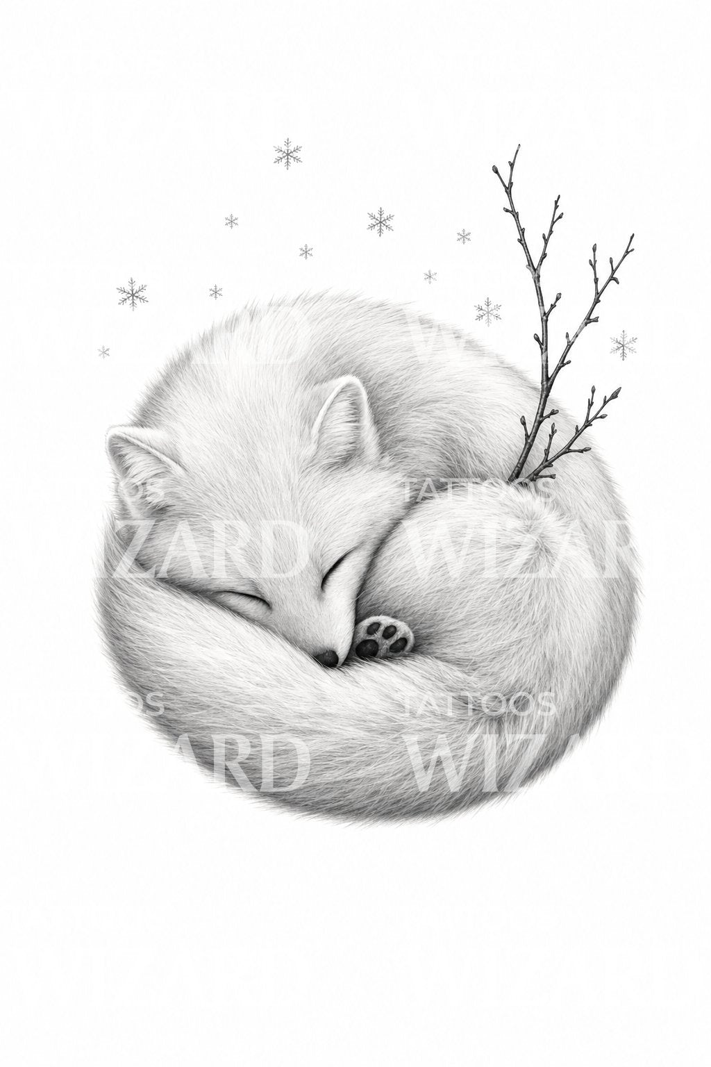 Arctic Fox Asleep in Snow Tattoo Design