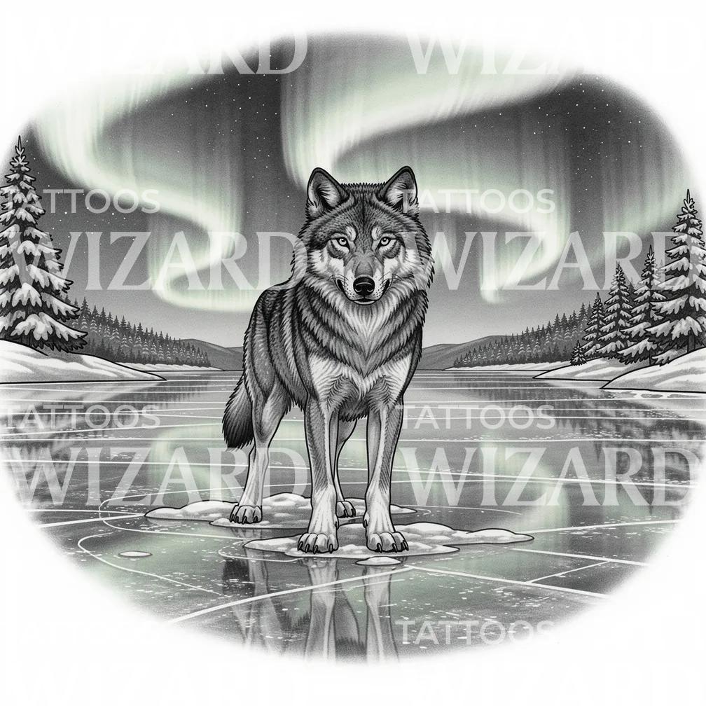 Arctic Wolf Aurora Tattoo Design