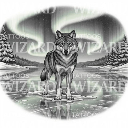 Arctic Wolf Aurora Tattoo Design