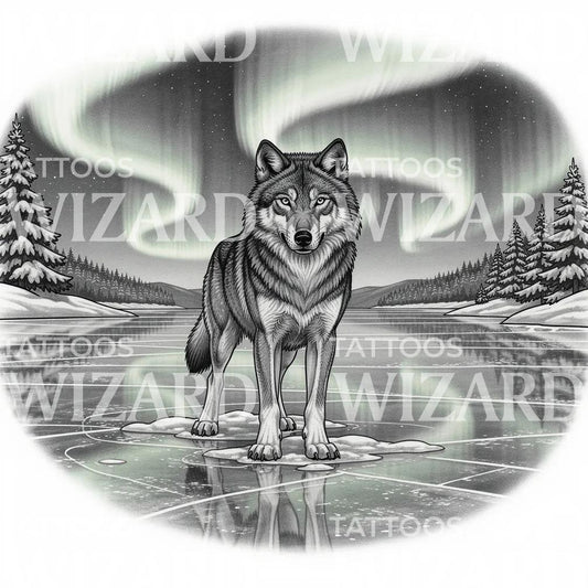 Arctic Wolf Aurora Tattoo Design