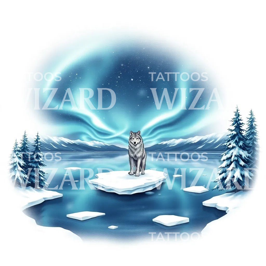 Arctic Wolf Aurora Tattoo Illustration