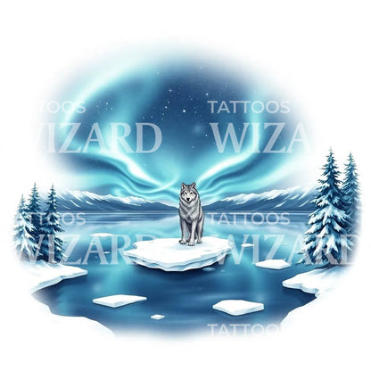 Arctic Wolf Aurora Tattoo Illustration