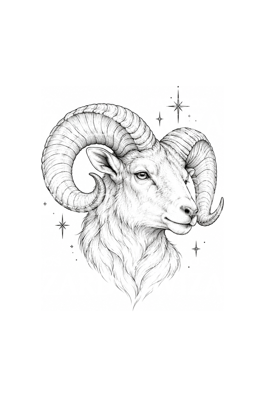 Widderkopf mit Sternen, Fine-Line-Tattoo