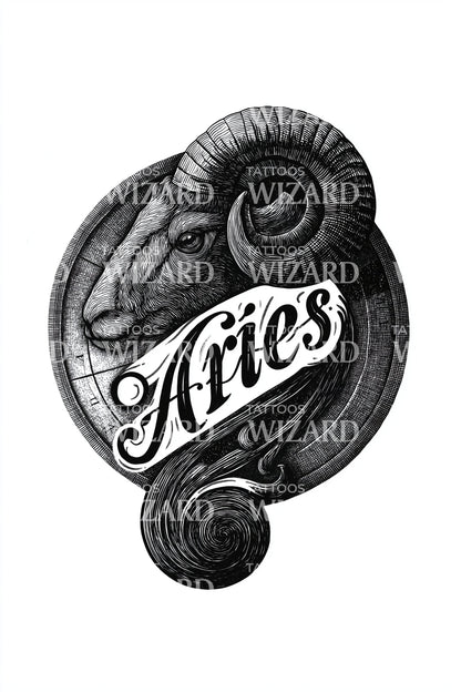 Aries Script Emblem Tattoo Illustration