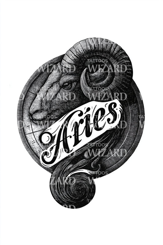 Aries Script Emblem Tattoo Illustration