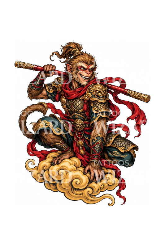 Diseño de tatuaje del guerrero Rey Mono con armadura sobre una nube dorada