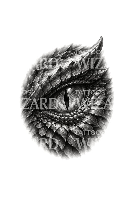 Drachenblick mit gepanzerter Schlitzpupille, Tattoo-Illustration in Schwarzgrau