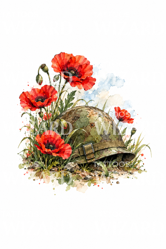 Aquarell-Tattoo eines Armeehelms mit roten Mohnblumen