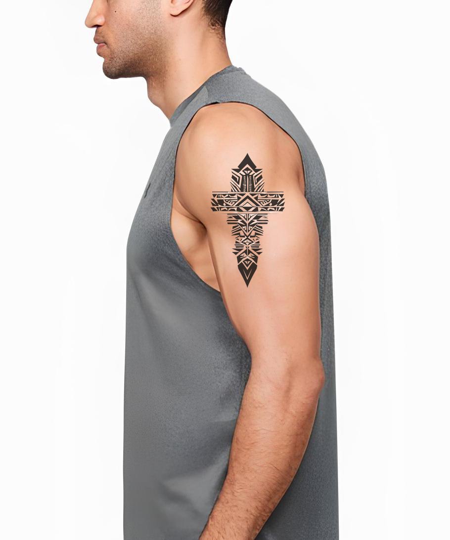 Arrowhead Tribal Cross Tattoo Idea