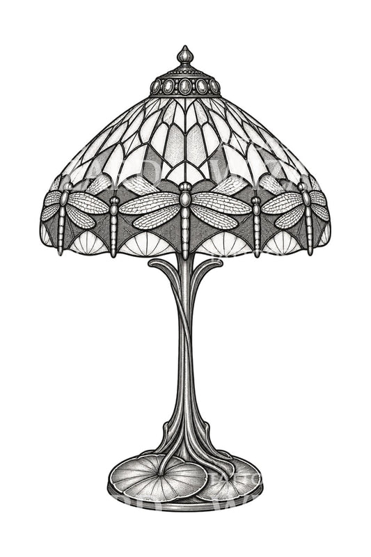 Ilustración de tatuaje de lámpara de vidrio con libélula art nouveau