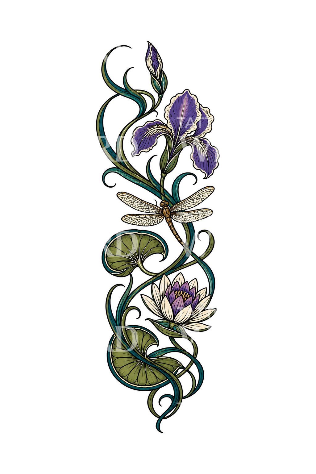 Art Nouveau-panel med iris, tatoveringsdesign