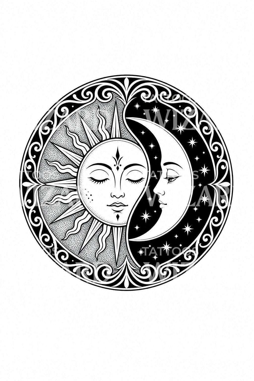 Art Nouveau Sun Moon Disc Tattoo Illustration