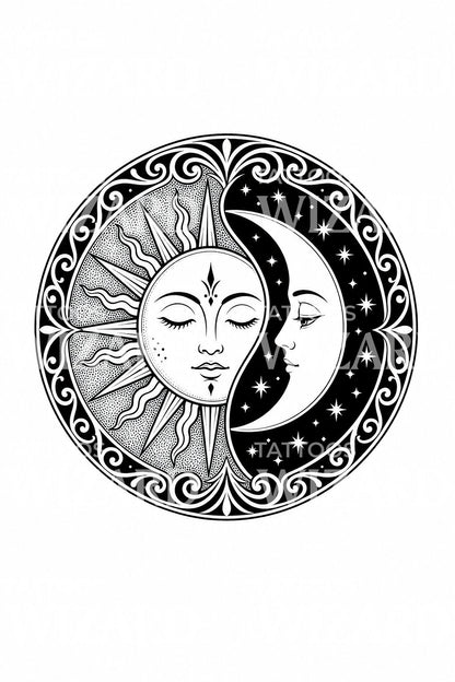 Art Nouveau Sun Moon Disc Tattoo Illustration