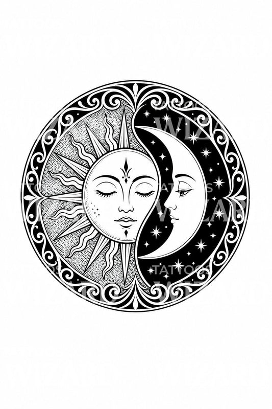 Art Nouveau Sun Moon Disc Tattoo Illustration