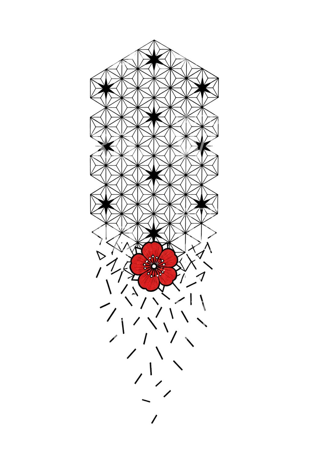 Upplöst geometrisk Asanoha-rutmönstrad tatueringsdesign