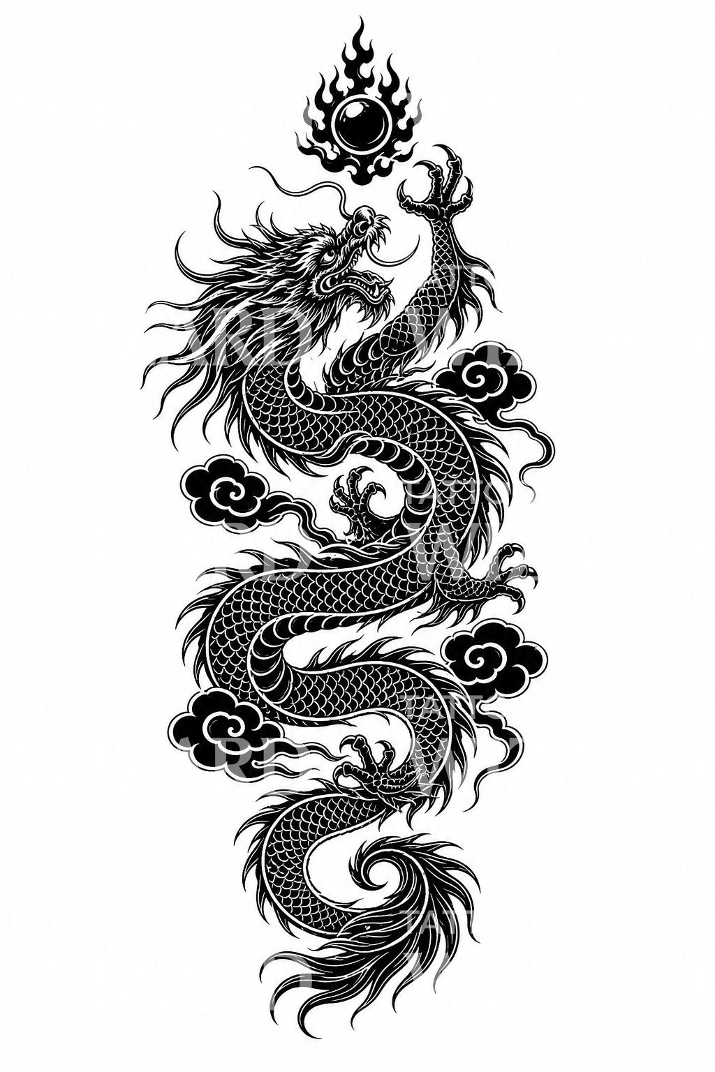 昇龍と宝珠のブラックワークタトゥーデザイン – Tattoos Wizard Designs