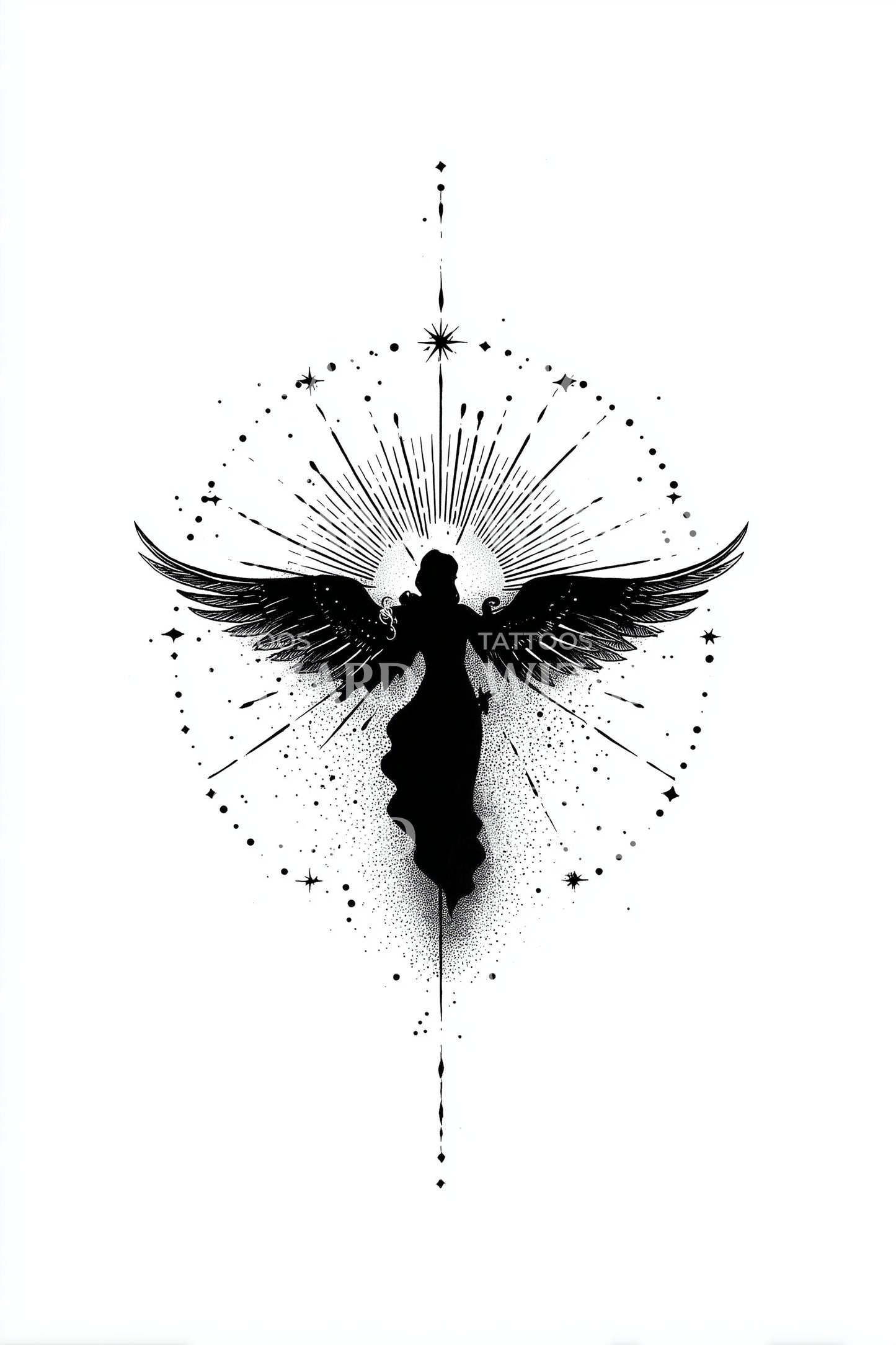 Ilustración de tatuaje de guardián alado ascendente
