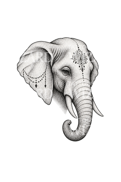 Asian Elephant Head with Jeweled Brow Stipple Tattoo Illustration