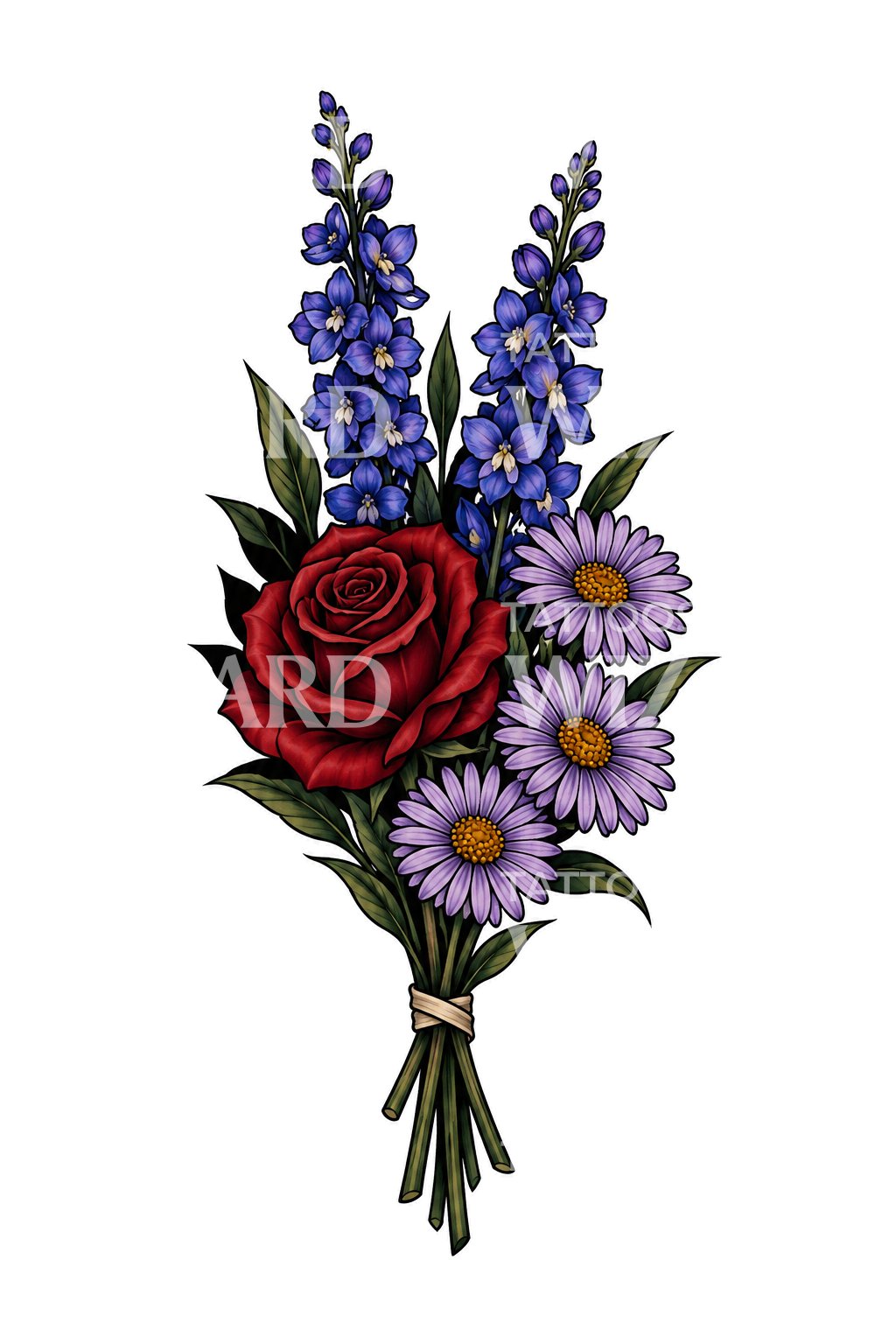 Tattoo-Illustration mit Aster, Rittersporn und Rose