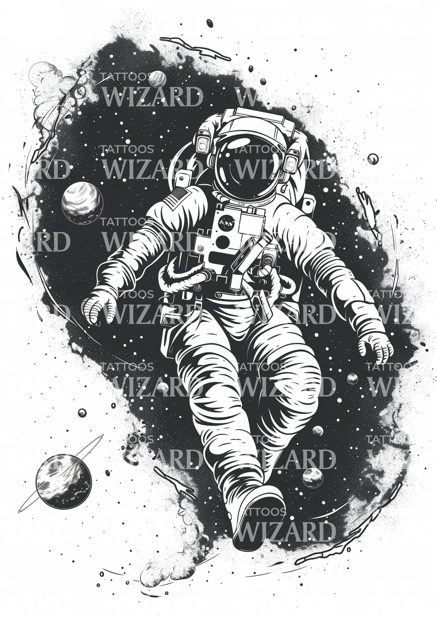 Astronaut Among Planets and Stars Tattoo Design