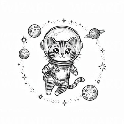 우주비행사 고양이 궤도 타투 디자인