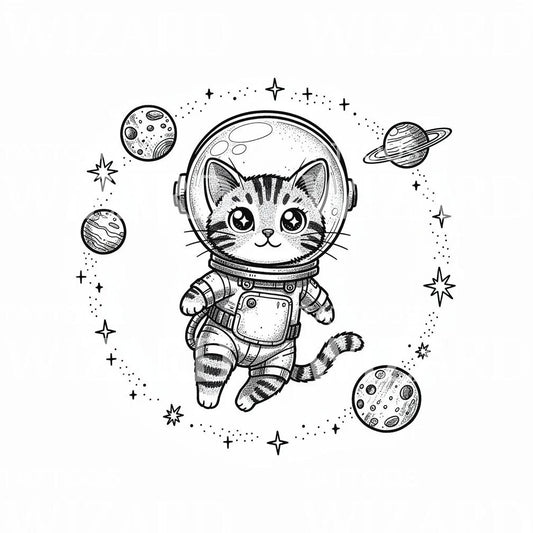Diseño de Tatuaje de Gato Astronauta en Órbita