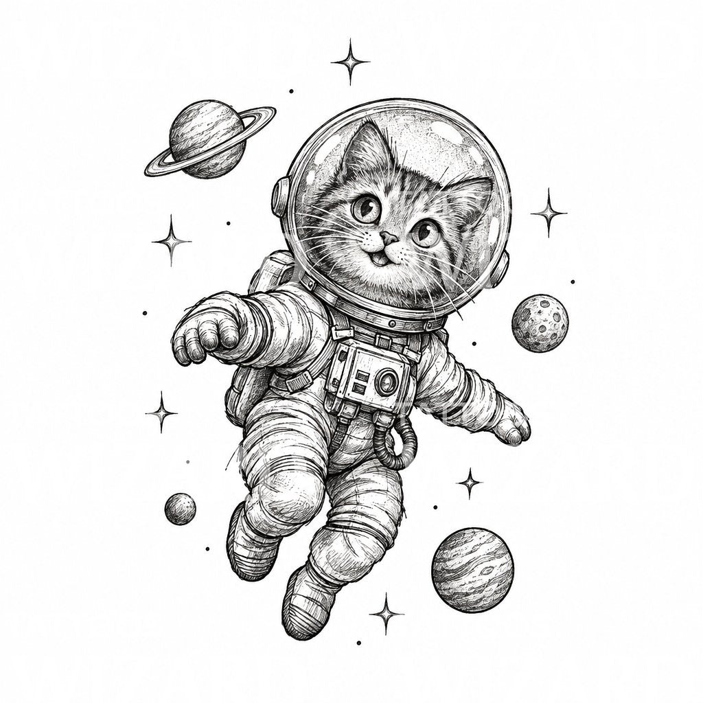 Wzór tatuażu Kot astronauta w kosmosie
