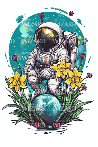 Astronaut Daffodil Dream Tattoo Illustration