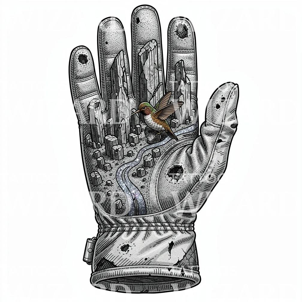 Tattoo-ontwerp met astronautenhandschoen en kolibrie