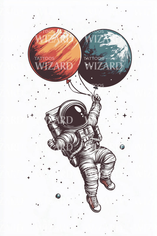 Illustrazione Tatuaggio Astronauta Pianeta Palloncini