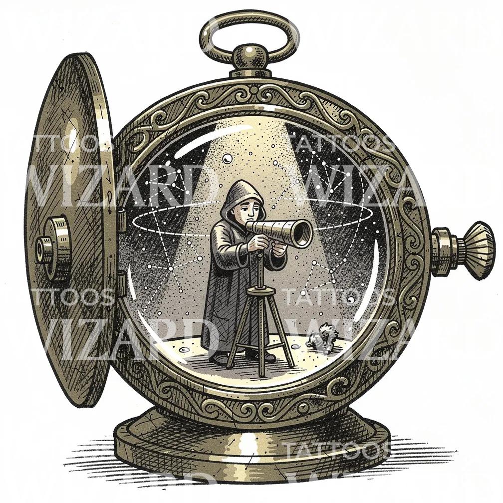 Astronomer Pocket Watch Tattoo Design