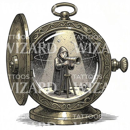 Astronomer Pocket Watch Tattoo Design