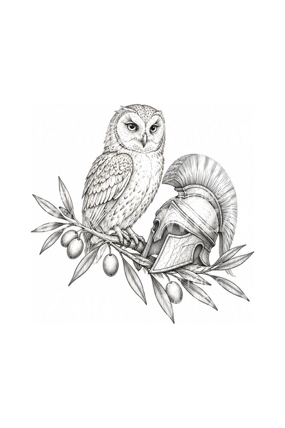 Athenas uggla och hjälm, fine line-tatueringsidé