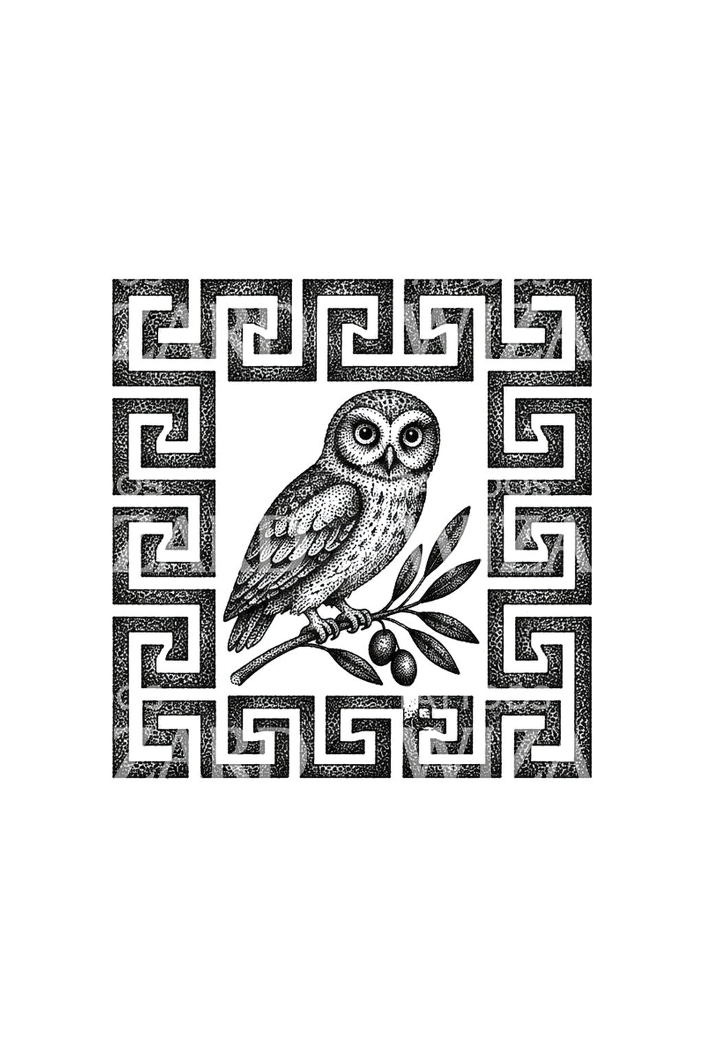 Tattoo-Design mit Athenas Eule im griechischen Mäander