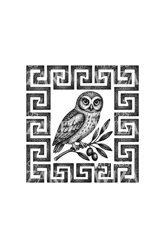 Tattoo-Design mit Athenas Eule im griechischen Mäander