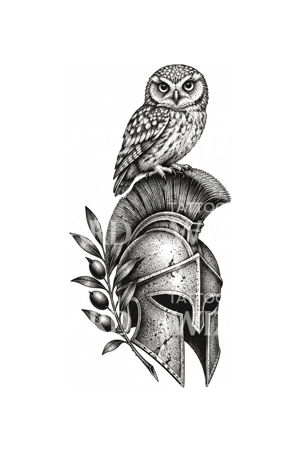 Sowa Ateny na greckim hełmie w stylu dotwork