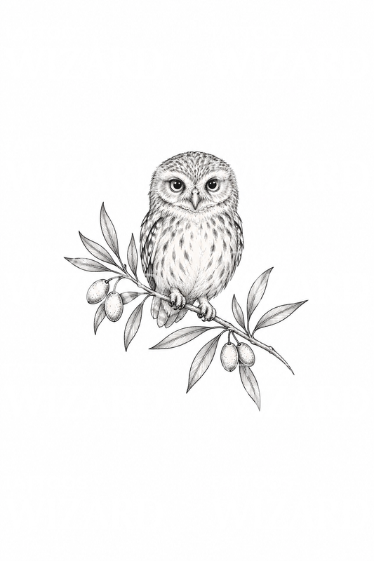Athena Owl on Olive Branch Fine Line Tattoo Idea
