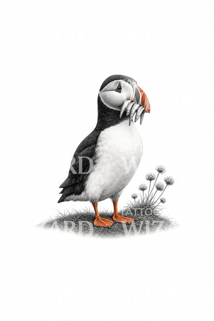 Atlantic Puffin with Sand Eels Tattoo Design